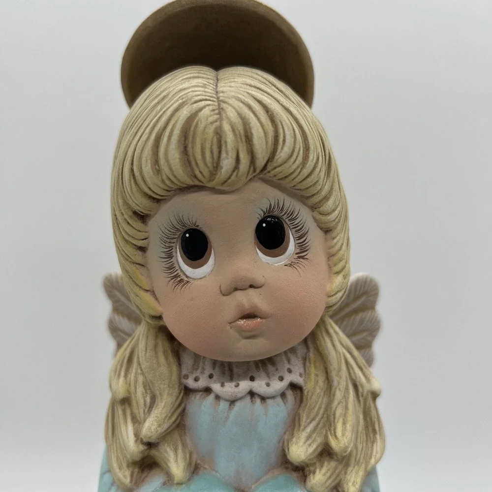 Vintage Angel Night Light Lamp Big Eyes Ceramic Figurine Blue Dress Halo Lantern